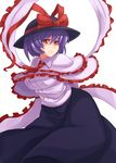  dress gurumo_(123) hat highres nagae_iku purple_hair red_eyes ribbon shawl short_hair simple_background solo touhou white_background 