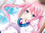  aqua_eyes blush close clouds long_hair pink_hair seifuku shiwasu_horio sky tie twintails waifu2x 