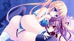  2girls bed blonde_hair blue_bra blue_eyes blue_panties bra breasts cg multiple_girls panties pillow purple_hair red_eyes socks spread_legs sweat tribadism twintails underwear yuri 