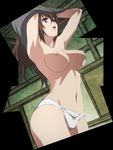  1girl armpits arms_up breasts brown_hair dressing highres hyakka_ryouran_samurai_girls long_hair nipples panties purple_eyes screencap solo stitched tokugawa_sen topless underwear 