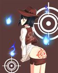  ass black_hair blush butter-t fire flame hat original pants_pull shorts target yellow_eyes 