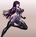  1girl bangs black_legwear blunt_bangs bodysuit boots breasts cameltoe clenched_hand elbow_gloves erect_nipples gloves hime_cut kamori_sayaka kamori_seika large_breasts latex latex_gloves latex_suit latex_thighhighs leg_up legs long_hair long_legs looking_at_viewer open_mouth original rindou_(radical_dream) rindou_aya shiny shiny_clothes solo thigh_boots thighhighs thighs 