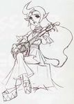  choker circlet concept_art dress female highres hyrule_historia instrument jewelry legs_crossed long_hair monochrome nayru nintendo open_mouth oracle_of_ages platform_footwear platform_sandals pointy_ears sandals sitting smile the_legend_of_zelda the_legend_of_zelda:_oracle_of_ages ukulele very_long_hair 