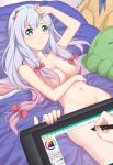  1girl arm_up bed_sheet bikini blue_eyes blue_hair blush bow breasts closed_mouth eromanga_sensei eyebrows_visible_through_hair fingernails furrowed_eyebrows gradient_hair groin hair_bow hair_censor han_xiao_xue_beifang_xue_ji highres holding izumi_sagiri long_hair looking_at_viewer lying medium_breasts multicolored_hair navel nude on_back painttool_sai panties panties_removed pillow pink_bow pink_hair side-tie_bikini solo_focus striped striped_panties stuffed_animal stuffed_toy stylus swimsuit tablet_pc underwear very_long_hair 