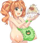  1girl apron breast_slip breasts female food gigantic_breasts green_eyes hair_ornament idolmaster kasutaso long_breasts naked_apron nipples open_mouth orange_hair puffy_nipples simple_background solo takatsuki_yayoi twintails upper_body white_background 