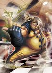  absurdres capcom diner facial_hair fan fat fat_man food hamburger highres jukebox ketchup male male_focus mustache mustard official_art ponytail rufus_(street_fighter) street_fighter street_fighter_x_tekken 