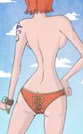  ass backboob bare_arms bare_back bare_legs blue_sky bracelet breasts cloud cloudy_sky day hand_on_hip head_out_of_frame jewelry large_breasts log_pose nami_(one_piece) one_piece orange_hair orange_panties panties short_hair sideboob sky solo tattoo topless underwear 