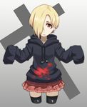  bags_under_eyes black_legwear blonde_hair cropped_legs cross earrings hair_over_one_eye hood hood_down hoodie idolmaster idolmaster_cinderella_girls jewelry pleated_skirt red_eyes shirasaka_koume short_hair skirt sleeves_past_fingers sleeves_past_wrists solo thighhighs 