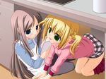  2girls blonde_hair blue_eyes child green_eyes ichinose_kirara kodomo_no_himitsu loli long_hair multiple_girls nishimura_chinatsu shiritsu_sakuranbo_shougakkou twintails under_table 