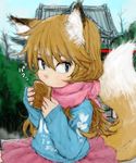 aburaage animal_ears architecture blue_eyes brown_hair building east_asian_architecture eating food fox_ears fox_tail long_hair original pon scarf sketch skirt sleeves_past_wrists solo sweater tail 