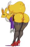  2019 anthro armwear bent_over black_sclera breasts bridal_gauntlets butt clothing digimon digimon_(species) dipstick_tail female footwear fur high_heels legwear mcfli multicolored_tail presenting presenting_pussy pussy raised_tail renamon shoes simple_background thigh_highs undressing white_background white_fur yellow_fur 