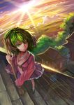  absurdres bird broom cloud collarbone from_above green_eyes green_hair highres kasodani_kyouko lens_flare parted_lips river scenery solo stairs sunset touhou xiamianliele 
