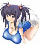  ass bent_over black_hair blush breasts butt_crack cleavage hair_bobbles hair_ornament hanging_breasts huge_breasts jewelry necklace no_bra original short_twintails shorts solo twintails yoru_ha 