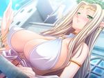  1girl blonde_hair breasts celestine_lucullus dutch_angle embarrassed game_cg green_eyes hikage_eiji huge_breasts jewelry kuroinu_kedakaki_seijo_wa_hakudaku_ni_somaru kuroinu_~kedakaki_seijo_wa_hakudaku_ni_somaru~ liquid_(artist) liquid_(company) long_pointy_ears lots_of_jewelry lucullus_celestine nexton outdoors pointy_ears revealing_clothes solo street very_long_hair 