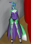  anklet aventis aventis_vixxx blue_hair bracelet breasts brown_eyes canid canine choker clothed clothing corset female fishnet footwear fox fur gloves green_fur hair high_heels jewelry legwear lingerie mammal necklace pentagram shoes skirt smile solo stockings 