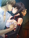  annerose_vajra breast_grab breasts grabbing kagami kagami_hirotaka kiss koutetsu_no_majo_anneroze large_breasts lilith-soft pointy_ears tongue 