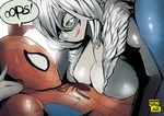  1girl :q black_cat_(marvel) blue_eyes bodysuit breast_rest breasts cleavage english felicia_hardy hair_over_one_eye jinbei large_breasts long_hair marvel mask skin_tight spider-man spider-man_(series) sweat tongue tongue_out v-neck white_hair 