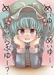  blue_eyes blue_hair blush chin_rest gaoo_(frpjx283) hair_bobbles hair_ornament hat kawashiro_nitori long_sleeves looking_at_viewer open_mouth short_hair short_twintails solo touhou translated twintails two_side_up 