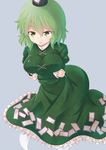  &gt;:) 307_(aho307) breast_hold breasts dress frilled_dress frills ghost_tail green_dress green_eyes green_hair hat large_breasts short_hair simple_background smile soga_no_tojiko solo tate_eboshi touhou v-shaped_eyebrows 