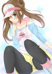  black_legwear blue_eyes blush bra brown_hair double_bun fuuma_(humawww) legwear_under_shorts lingerie long_hair mei_(pokemon) panties panties_under_pantyhose pantyhose poke_ball_print pokemon pokemon_(game) pokemon_bw2 raglan_sleeves see-through shorts solo twintails underwear visor_cap wet 