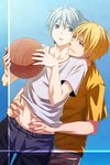  a-a ball blonde_hair blue_eyes blue_hair earrings jewelry kise_ryouta kuroko_no_basuke kuroko_tetsuya male_focus multiple_boys yaoi yellow_eyes 