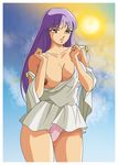  athena breasts cloud clouds kido_saori kidou_saori large_breasts long_hair panties purple_hair saint_seiya sun underwear 