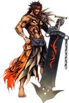  absurdres barefoot dissidia_final_fantasy final_fantasy final_fantasy_x full_body grin hand_on_hip highres hips jecht male male_focus muscle red_eyes scar simple_background smile solo sword tattoo transparent_background weapon 