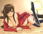  animal_ears bare_shoulders bed black_legwear breasts brown_hair cleavage federica_n_doglio green_eyes lamp leg_lift light_smile long_hair lying mound_of_venus navel off_shoulder on_side open_clothes open_shirt panties red_panties shirt solo strike_witches thighhighs underwear vt 