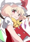  :3 bad_id bad_pixiv_id blonde_hair bow bowtie buttons flandre_scarlet hat hat_bow hikimayu kamiyama_aya light_smile looking_at_viewer looking_down puffy_sleeves red_eyes short_sleeves simple_background solo touhou upper_body white_background wings 