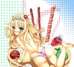  1girl ass blonde_hair blue_eyes blush breasts dessert duel_angel duel_monster food fruit long_hair looking_at_viewer looking_back madolche madolche_puddingcess nipples panties pixiv_manga_sample solo strawberry thighhighs tiara topless underwear underwear_only yu-gi-oh! 