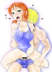  &lt;3 blonde_hair breasts censored female girl_on_top heart hetero large_breasts male nami nami_(one_piece) one_piece orange_hair reverse_cowgirl_position sanji sex short_hair sitting_on_lap sitting_on_person straddling straight swimsuit tattoo third_stage vaginal 
