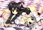  :3 :d animal_ears ass bare_shoulders barefoot black_hair bow bow_panties breasts cat_ears checkered checkered_floor cleavage detached_sleeves fang fujima_takuya garters hair_ornament hairclip highres looking_at_viewer lying medium_breasts multiple_girls no_panties on_back on_stomach open_mouth original panties polka_dot polka_dot_panties purple_eyes red_eyes silver_hair smile two_side_up underwear untied 