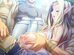  1girl 4boys areolae armlet bare_shoulders blonde_hair blush breast_grab breast_squeeze breasts breasts_outside building bust celestine_lucullus circlet cup dutch_angle earrings elf erect_nipples evil_grin evil_smile exhibitionism faceless faceless_male game_cg grabbing green_eyes grin groping half-closed_eyes halterneck hikage_eiji holding humiliation jewelry kuroinu_kedakaki_seijo_wa_hakudaku_ni_somaru kuroinu_~kedakaki_seijo_wa_hakudaku_ni_somaru~ lactation large_breasts liquid_(artist) liquid_(company) long_hair long_pointy_ears lots_of_jewelry lucullus_celestine male_hand milking molestation mug multiple_boys nexton nipples onlookers open_mouth outdoors piercing pointy_ears public public_nudity saliva smile standing sunlight upper_body very_long_hair 