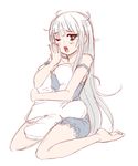  bare_shoulders barefoot blush_stickers borrowed_character camisole green_eyes kekekeke long_hair messy_hair one_eye_closed original pillow sitting solo waking_up wariza white_hair yawning 