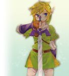  androgynous blonde_hair blue_eyes fingerless_gloves gloves hat link lips male_focus master_sword mitsubachi_koucha pointy_ears smile solo standing sword the_legend_of_zelda tunic weapon 