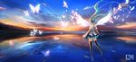  boots bug butterfly detached_sleeves floating green_hair hatsune_miku insect long_hair pcw ripples sky solo sunset thigh_boots thighhighs twintails very_long_hair vocaloid water wings 