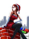  arm_support bare_shoulders belt black_legwear blue_eyes brown_hair evangelion:_2.0_you_can_(not)_advance gift glasses hand_on_hip hat kakome looking_at_viewer makinami_mari_illustrious neon_genesis_evangelion pantyhose rebuild_of_evangelion sack santa_costume santa_hat sitting solo twintails 