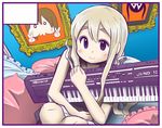  black_border blonde_hair blue_eyes border brother_tomita circle_cut hirasawa_yui hug instrument k-on! keyboard_(instrument) kotobuki_tsumugi long_hair nakano_azusa pillow solo synthesizer 