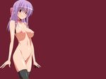  1girl breasts erect_nipples kuga_hajime_(world_lover) large_breasts nipples nude purple_hair red_eyes simple_background smile solo world_lover 