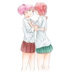  2girls akaza_akari bad_id bad_pixiv_id blue_eyes double_bun hair_bobbles hair_bun hair_ornament multiple_girls pink_hair pleated_skirt red_hair short_twintails simple_background skirt syou_(endemic_species) twintails white_background yoshikawa_chinatsu yuri yuru_yuri 