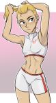  abs adjusting_hair adora_(she-ra) armpits arms_behind_head arms_up bike_shorts blonde_hair blue_eyes breasts closed_mouth commentary contrapposto cowboy_shot crop_top frown hair_pulled_back leaning_to_the_side letterboxed looking_at_viewer masters_of_the_universe medium_hair navel pink_background ponytail print_shirt ribs she-ra_and_princesses_of_power shirt shorts single_vertical_stripe sleeveless sleeveless_shirt small_breasts solo standing sweat ta-na thighs toned white_shirt white_shorts 