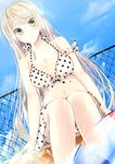  absurdres ball benio_(dontsugel) bikini breasts cleavage food green_eyes highres ice_cream large_breasts long_hair mouth_hold original polka_dot polka_dot_bikini polka_dot_swimsuit popsicle silver_hair sitting solo swimsuit water white_hair 