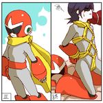  arm_cannon bad_id bad_pixiv_id bdsm black_hair blues_(rockman) bondage bound closed_eyes hand_on_hip headwear_removed helmet kneeling lowres male_focus oekaki rockman rockman_(classic) scarf shibari smile squiggle sweatdrop translation_request visor weapon zakki 