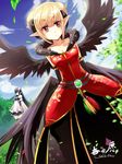  bare_shoulders black_wings blonde_hair cloud day dress dungeon_and_fighter green_hair leaf long_hair mage_(dungeon_and_fighter) multiple_girls pointy_ears red_eyes sheltea signature slit_pupils thighhighs wings zettai_ryouiki 