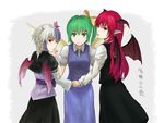  bat_wings beato2528 blue_hair bow daiyousei dress_shirt eyebrows fairy_wings fingernails green_eyes green_hair hair_bow hair_ribbon hand_on_another's_cheek hand_on_another's_face head_wings holding_hands horns japanese_clothes koakuma lips long_fingernails long_hair long_sleeves looking_at_viewer looking_back multicolored_hair multiple_girls nail_polish open_mouth pointy_ears red_eyes ribbon shirt short_hair short_sleeves side_ponytail sidelocks simple_background single_head_wing single_wing skirt skirt_set smile tokiko_(touhou) touhou translated two-tone_hair vest white_hair white_shirt wings 