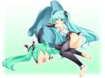  aqua_eyes aqua_hair ass barefoot elbow_gloves fingerless_gloves gloves hachune_miku hatsune_miku hatsune_miku_(append) long_hair looking_at_viewer looking_back lying multiple_girls on_side shiteyan'yo simple_background smile twintails unatama very_long_hair vocaloid vocaloid_append 