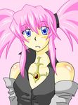  1girl bare_shoulders blue_eyes breasts detached_sleeves pink_background pink_hair presea_combatir tales_of_(series) tales_of_symphonia 