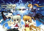  :d absurdres ascot asteion blonde_hair blue_eyes blush bodysuit bow cat dual_persona einhart_stratos electricity fingerless_gloves fujima_takuya gloves green_eyes green_hair hair_ribbon heterochromia highres jacket long_hair lyrical_nanoha mahou_shoujo_lyrical_nanoha_vivid multiple_girls official_art older open_mouth outstretched_hand punching purple_eyes red_eyes ribbon sacred_heart scan school_uniform side_ponytail skirt smile st._hilde_academy_of_magic_uniform stuffed_animal stuffed_bunny stuffed_toy twintails vivio 