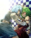  arm_support blue_eyes blue_hair blush breasts checkered constricted_pupils green_hair kazami_yuuka multiple_girls plaid plaid_vest red_eyes ribbon ryuuichi_(f_dragon) shirt short_hair skirt small_breasts sweatdrop tatara_kogasa touhou undressing vest wall_slam yuri 