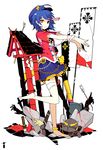  ahoge anklet armor arrow banner barefoot blood blue_hair full_body hat helmet ideolo japanese_armor jewelry kabuto miyako_yoshika nobori outstretched_arms plantar_flexion red_eyes shide short_hair skirt solo standing standing_on_one_leg star sword touhou weapon zombie_pose 